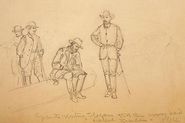 Grant writing a telegram that the Army had crossed Rapidan 1864