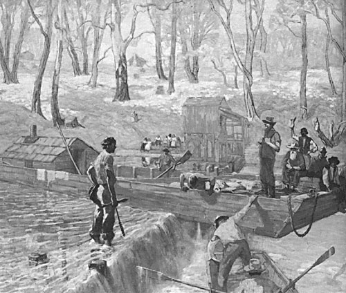 Abraham Lincoln navigating a barge down the Mississippi